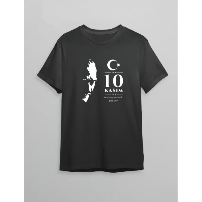 10 Kasım Atatürk Anma Günü Silüet Baskılı Oversize Bisiklet Yaka T-shirt - Siyah