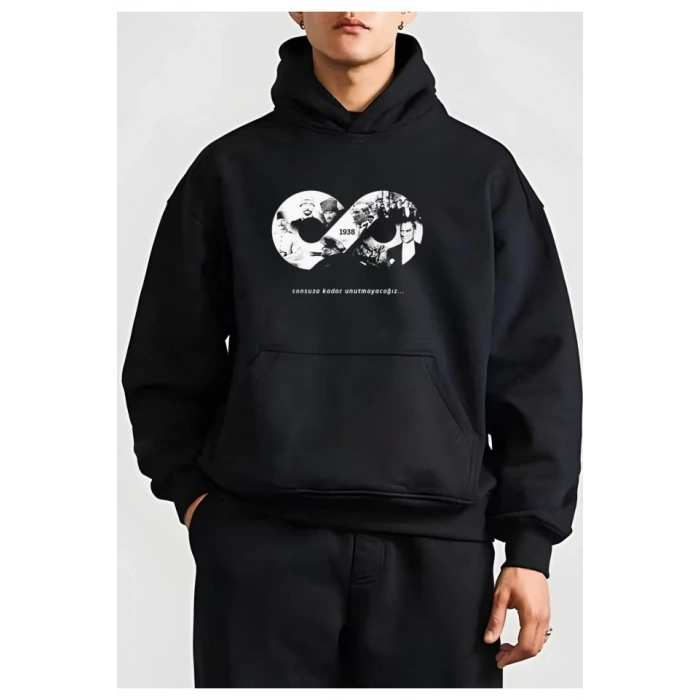 10 Kasıma Özel Üç İplik Kapşonlu Baskılı SweatShirt - Siyah