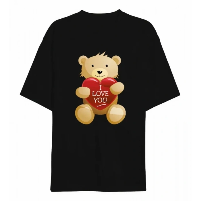 14 Şubat Sevgililer Günü I Love You Ayı Baskılı Oversize Bisiklet Yaka T-shirt - Siyah