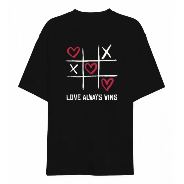 14 Şubat Sevgililer Günü Love Always Wins Baskılı Oversize Bisiklet Yaka T-shirt - Siyah
