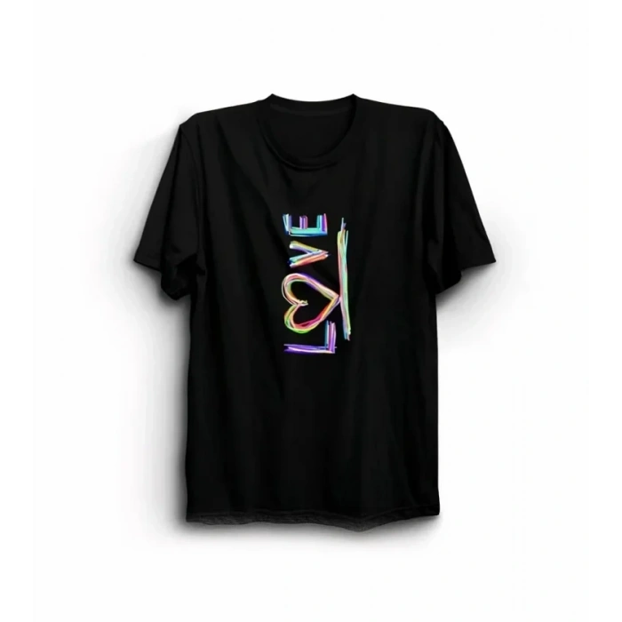 14 Şubat Sevgililer Günü Love Baskılı Oversize Bisiklet Yaka T-shirt - Siyah