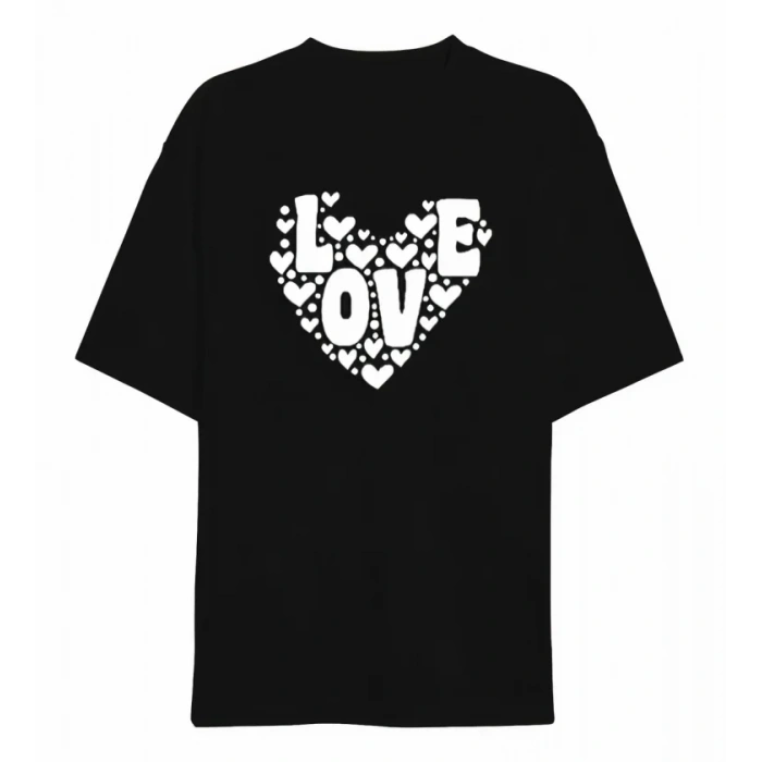 14 Şubat Sevgililer Günü Love Kalp Baskılı Oversize Bisiklet Yaka T-shirt - Siyah