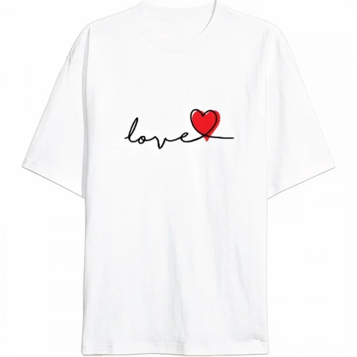 14 Şubat Tişört Sevgililer Günü İçin Özel Tasarım Love Baskılı T-shirt - Beyaz