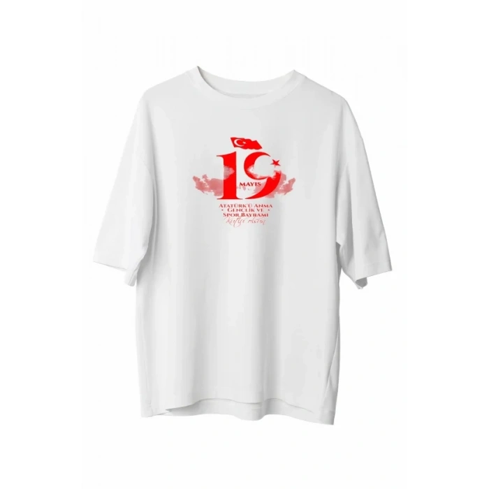 19 Mayıs Atatürk Temalı Gençlik Ve Spor Bayramı Bisiklet Yaka T-shirt - Beyaz