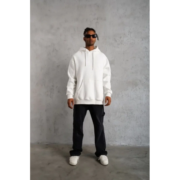3 İplik Kapşonlu Sweatshirt Hoodie - Beyaz