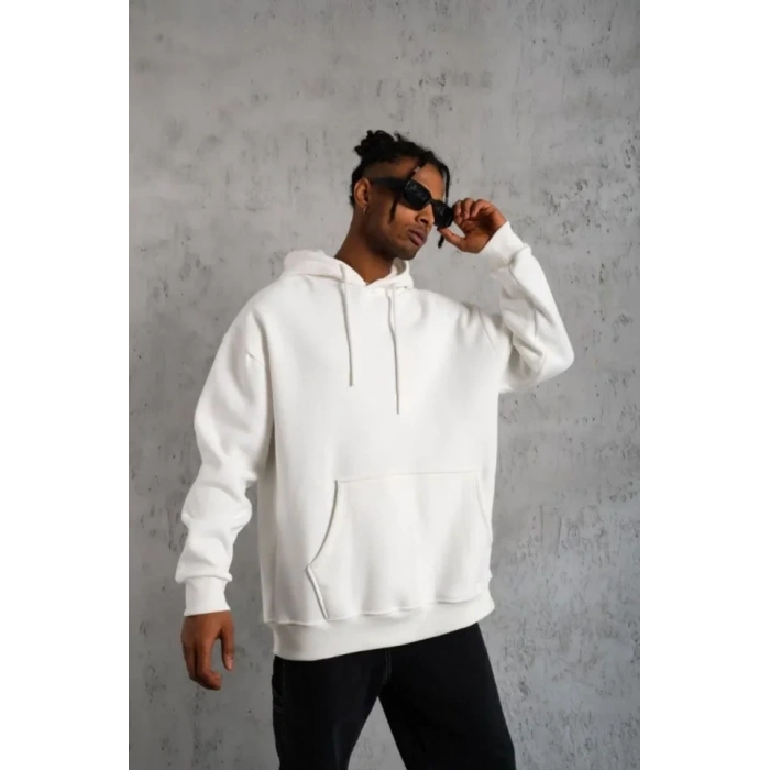 3 İplik Kapşonlu Sweatshirt Hoodie - Beyaz