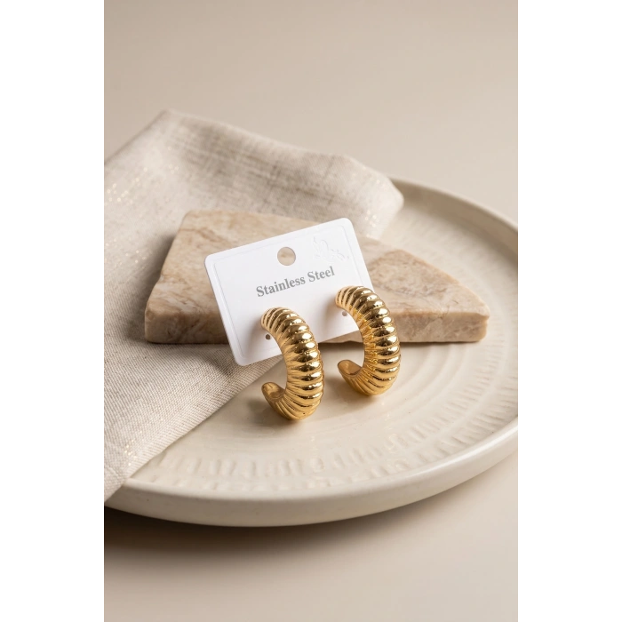 316L Çelik Gold Renk Bombeli Kroasan Model Küpe - Lisinya