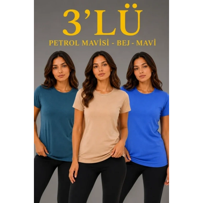 3’lü Kısa Kollu Bisiklet Yaka Basic Slim Fit T-Shirt -Petrol Mavisi  - Bej - Mavi