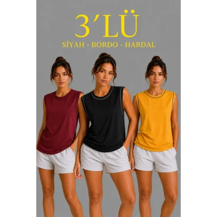 3’lü Kolsuz Sporcu Atlet Seti Yazlık Bisiklet Yaka - Siyah, Bordo, Hardal