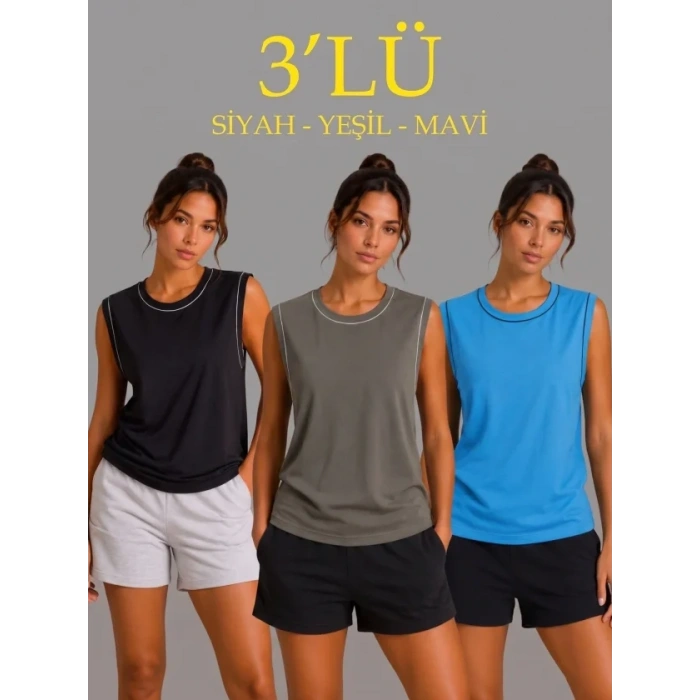 3’lü Kolsuz Sporcu Atlet Seti Yazlık Bisiklet Yaka - Siyah, Haki, Mavi