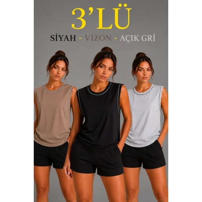 3’lü Kolsuz Sporcu Atlet Seti Yazlık Bisiklet Yaka - Siyah, Kahverengi, Gri