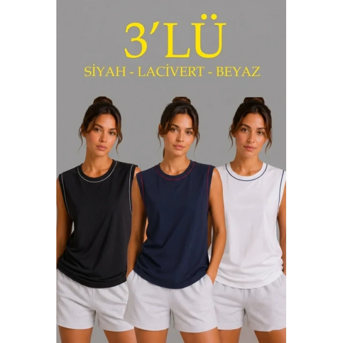 3’lü Kolsuz Sporcu Atlet Seti Yazlık Bisiklet Yaka - Siyah, Lacivert, Beyaz