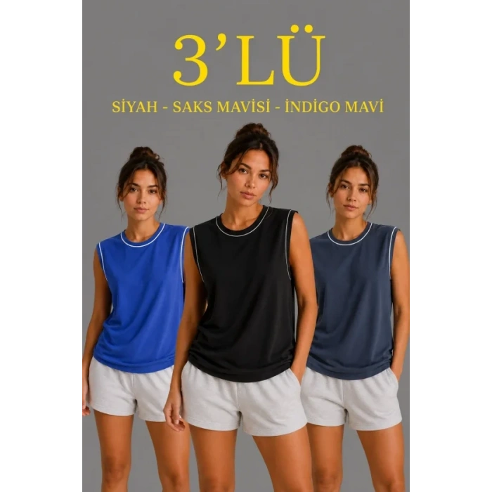 3’lü Kolsuz Sporcu Atlet Seti Yazlık Bisiklet Yaka - Siyah, Saks Mavisi, İndigo