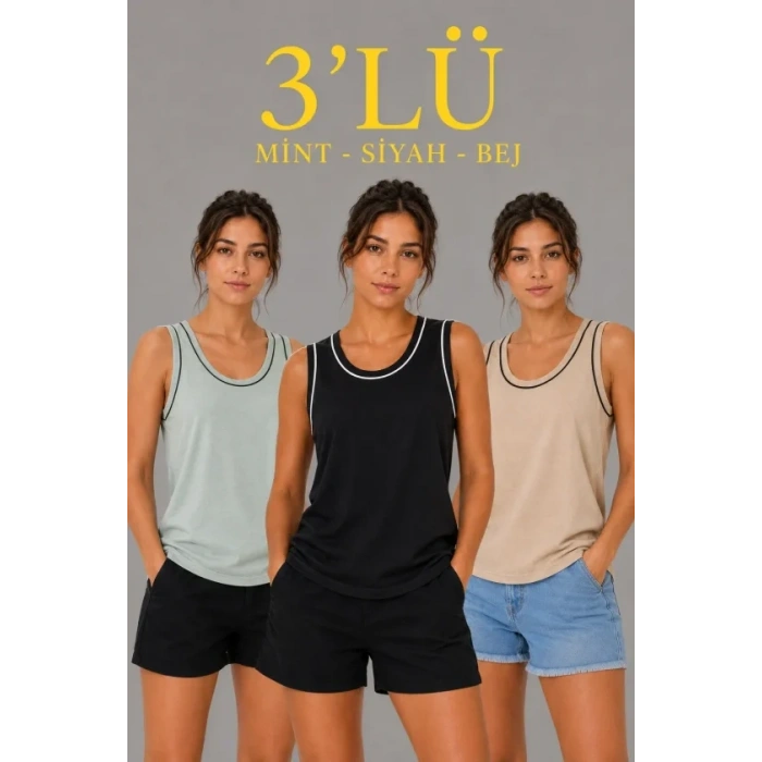 3’lü Kolsuz Sporcu Atlet Seti Yazlık Bisiklet Yakalı - Mint Yeşili, Siyah, Bej