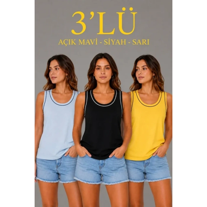 3’lü Kolsuz Sporcu Atlet Seti Yazlık Bisiklet Yakalı - Sarı, Siyah, Bebe Mavisi