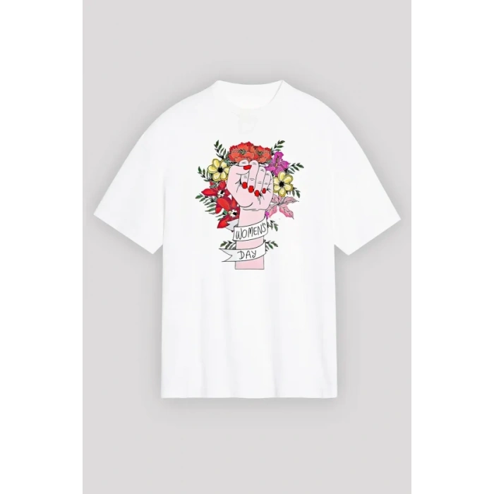 8 Mart Dünya Kadınlar Günü Baskılı Oversize Bisiklet Yaka T-shirt - Beyaz