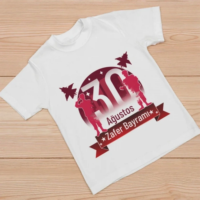 Ağustos Zafer Bayramı Atatürk Baskılı Kısa Kollu Bisiklet Yaka T-shirt - Beyaz
