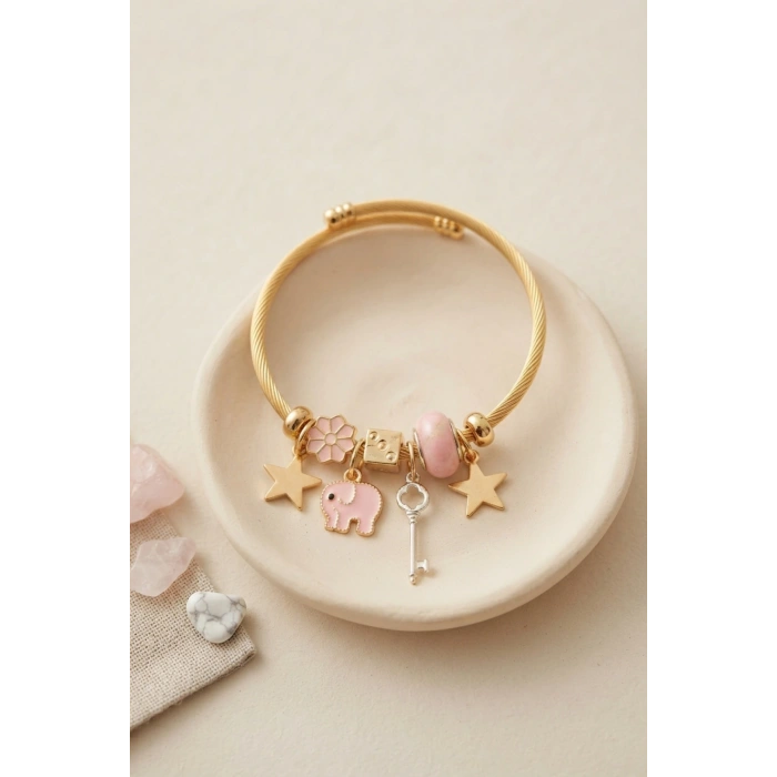 Anahtar ve Fil Model Pembe Charmlı Bileklik - Lisinya