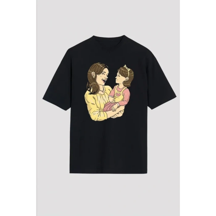 Anneler Günü Hediye Anne Kız Temalı Baskılı Oversize Bisiklet Yaka T-shirt - Siyah