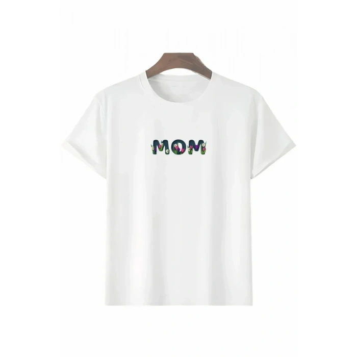 Anneler Günü Hediye Mom Çiçek Baskılı Oversize Bisiklet Yaka T-shirt - Beyaz