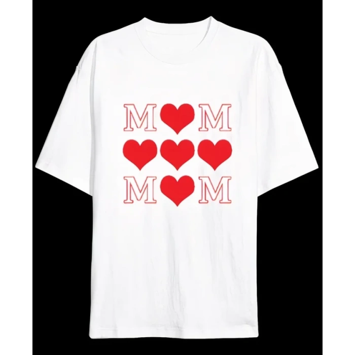 Anneler Günü Hediye MOM Kalp Baskılı Oversize Bisiklet Yaka T-shirt - Beyaz