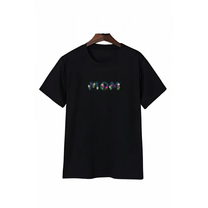 Anneler Günü Mom Çiçek Temalı Baskılı Oversize Bisiklet Yaka T-shirt - Siyah