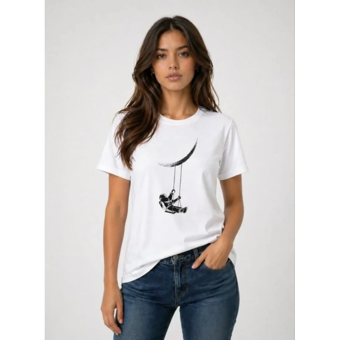 Astronot Ay Temalı Tişört Kısa Kol Yazlık Bisiklet Yaka T-Shirt - Beyaz