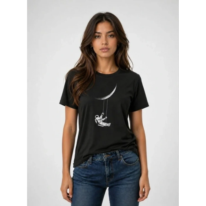 Astronot Ay Temalı Tişört Kısa Kol Yazlık Bisiklet Yaka T-Shirt - Siyah
