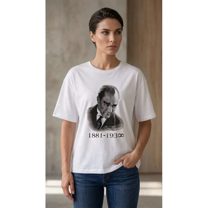 Atatürk Baskılı Tişört Kısa Kollu Bisiklet Yaka T-Shirt - Beyaz