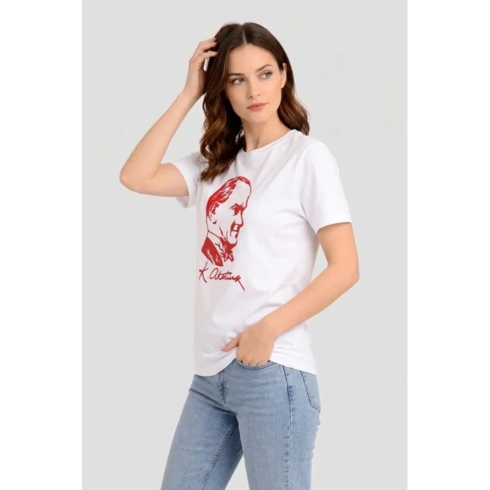 Atatürk Baskılı Tişört Kısa Kollu Bisiklet Yaka T-Shirt - Beyaz