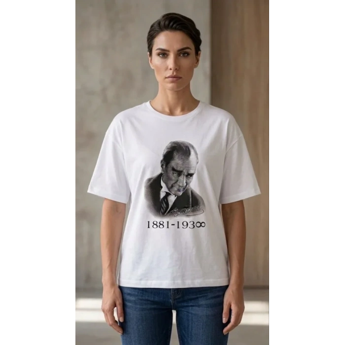 Atatürk Baskılı Tişört Kısa Kollu Bisiklet Yaka T-Shirt - Beyaz
