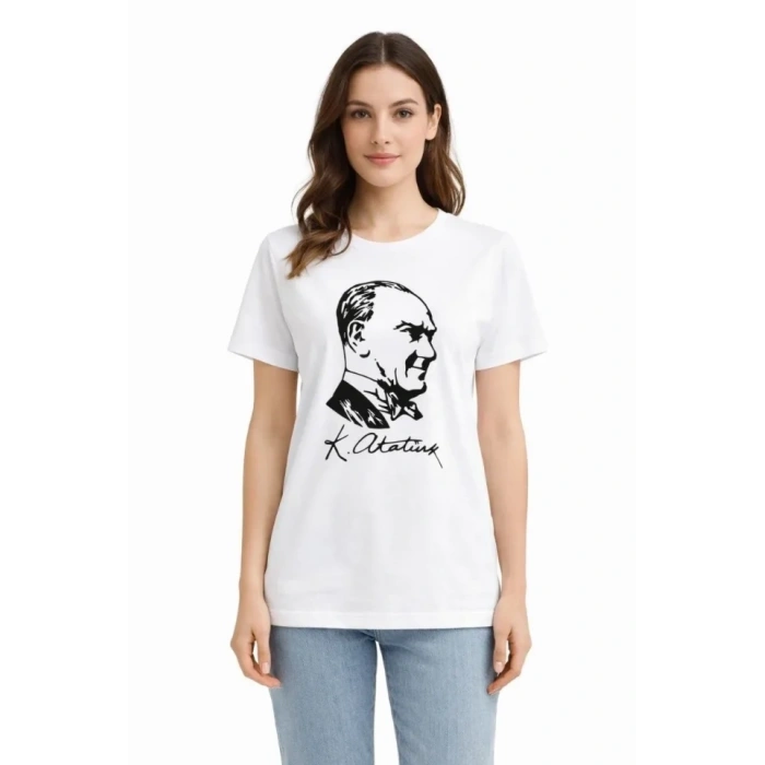 Atatürk Baskılı Tişört Kısa Kollu Bisiklet Yaka T-Shirt - Beyaz