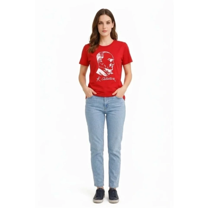 Atatürk Baskılı Tişört Kısa Kollu Bisiklet Yaka  T-Shirt - Kırmızı