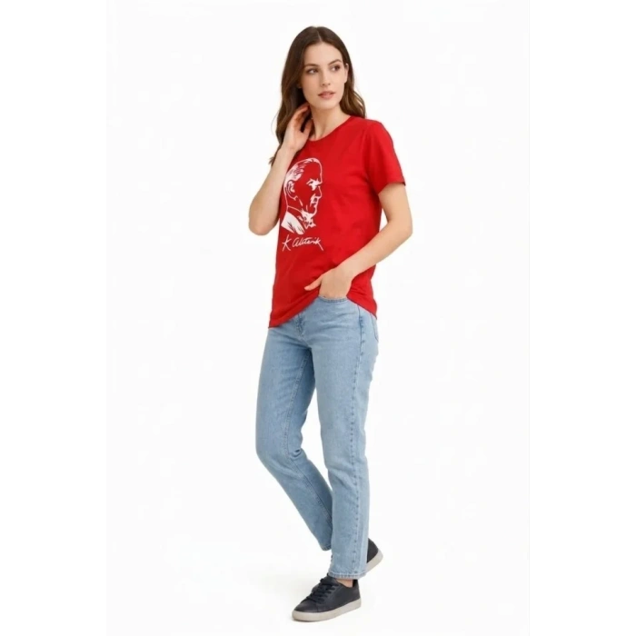 Atatürk Baskılı Tişört Kısa Kollu Bisiklet Yaka  T-Shirt - Kırmızı
