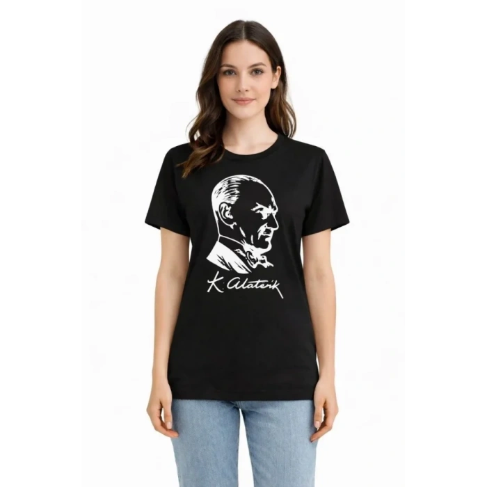 Atatürk Baskılı Tişört Kısa Kollu Bisiklet Yaka T-Shirt - Siyah