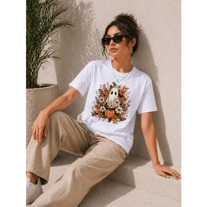 Balkabağı Hayalet Baskılı Tişört Kısa Kol Yazlık T-Shirt - Beyaz