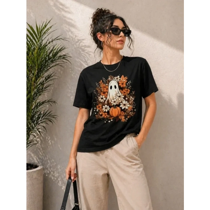 Balkabağı Hayalet Baskılı Tişört Kısa Kol Yazlık T-Shirt - Siyah