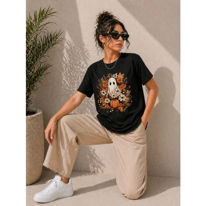 Balkabağı Hayalet Baskılı Tişört Kısa Kol Yazlık T-Shirt - Siyah