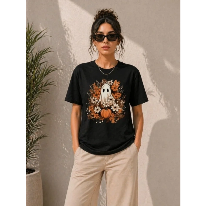 Balkabağı Hayalet Baskılı Tişört Kısa Kol Yazlık T-Shirt - Siyah