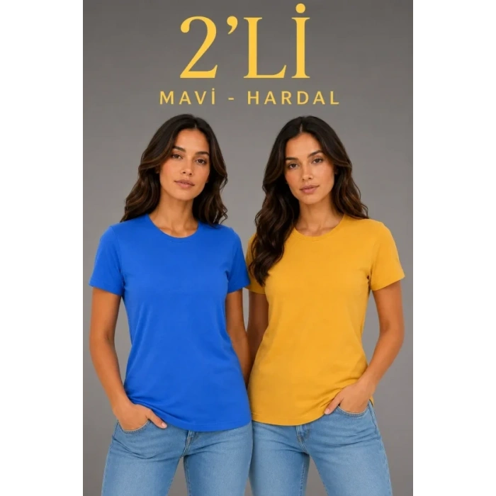 Basic Bisiklet Yaka Yazlık Slim Fit T-Shirt - Mavi - Hardal Sarısı