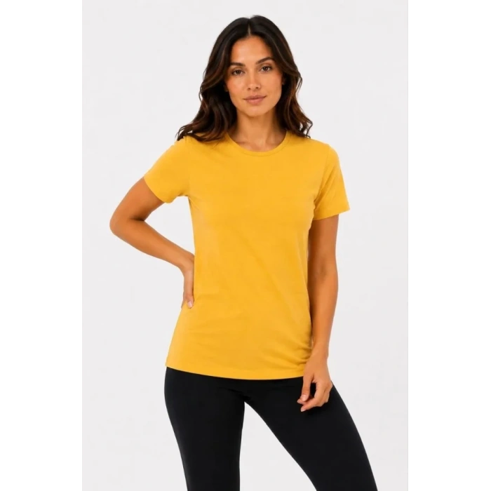Basic Bisiklet Yaka Yazlık Slim Fit T-Shirt - Mavi - Hardal Sarısı