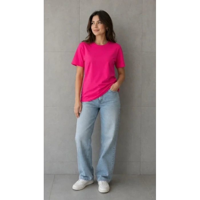 Basic Pamuklu Tişört Bisiklet Yaka Düz Renk Relaxed Fit T-Shirt - Fuşya