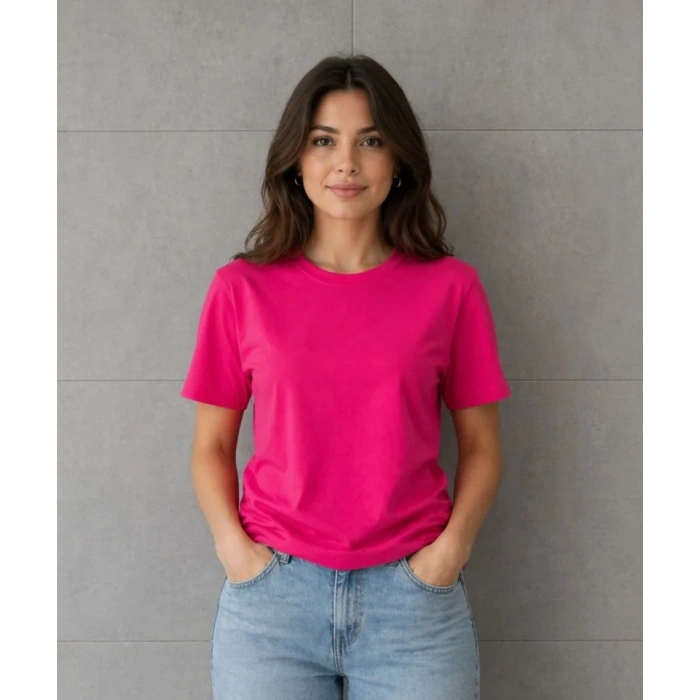 Basic Pamuklu Tişört Bisiklet Yaka Düz Renk Relaxed Fit T-Shirt - Fuşya