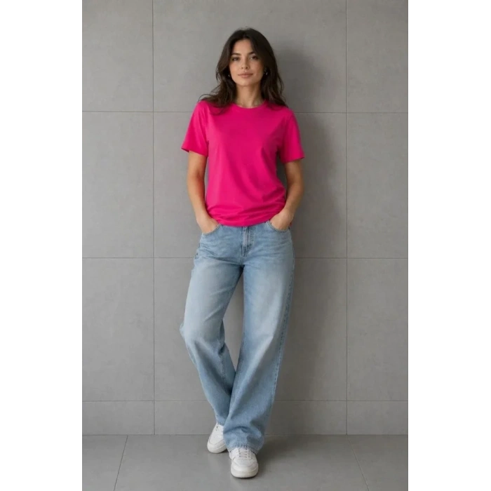 Basic Pamuklu Tişört Bisiklet Yaka Düz Renk Relaxed Fit T-Shirt - Fuşya