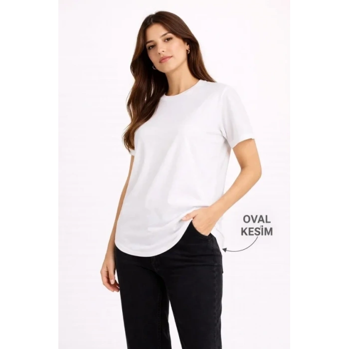 Basic T-Shirt Kısa Kol Bisiklet Yaka Oval Kesim Tişört - Beyaz