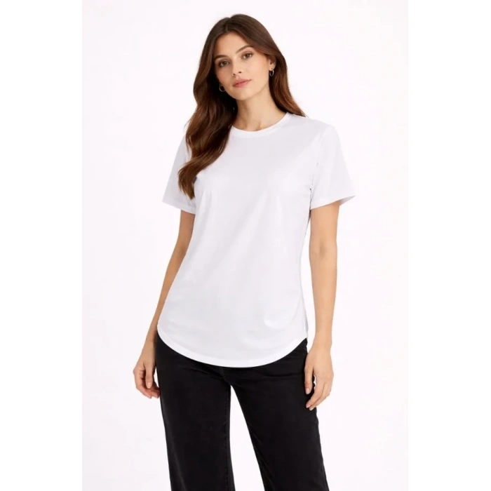 Basic T-Shirt Kısa Kol Bisiklet Yaka Oval Kesim Tişört - Beyaz