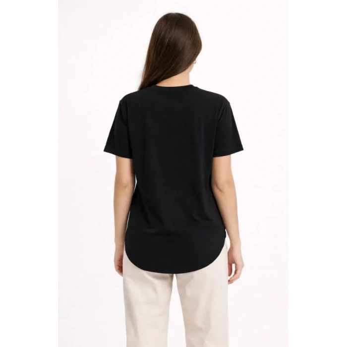 Basic T-Shirt Kısa Kol Bisiklet Yaka Oval Kesim Tişört - Siyah