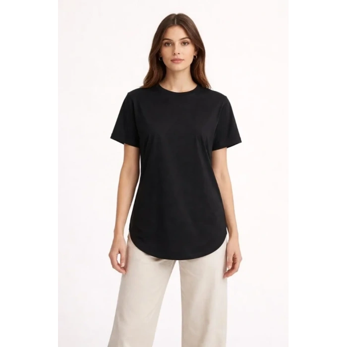 Basic T-Shirt Kısa Kol Bisiklet Yaka Oval Kesim Tişört - Siyah