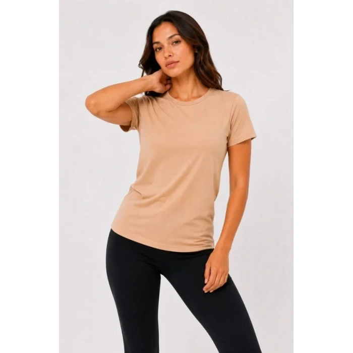 Basic Tişört Bisiklet Yaka Kısa Kol Günlük Yazlık Slim Fit T-Shirt - Bej