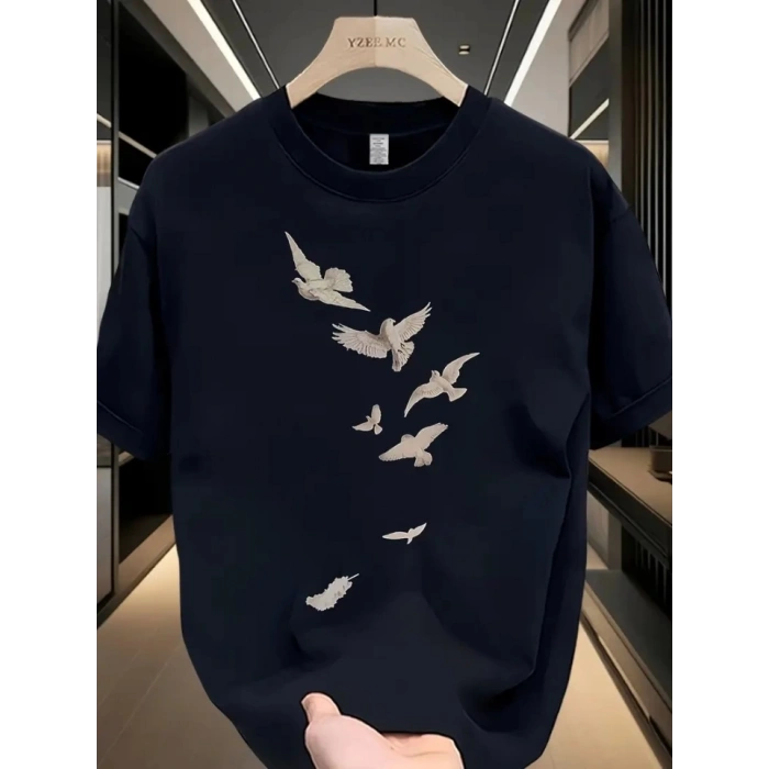 Baskılı Oversize Bisiklet Yaka T-shirt - Beyaz